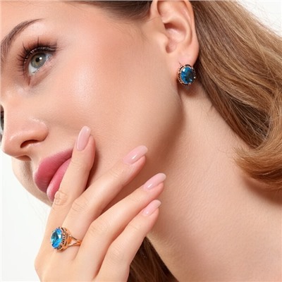 Комплект ювелирной бижутерии коллекция "Дубай" серьги и кольцо 17 р, покрытие позолота, вставка: фианиты, цвет: голубой и черный, арт.215.355-17