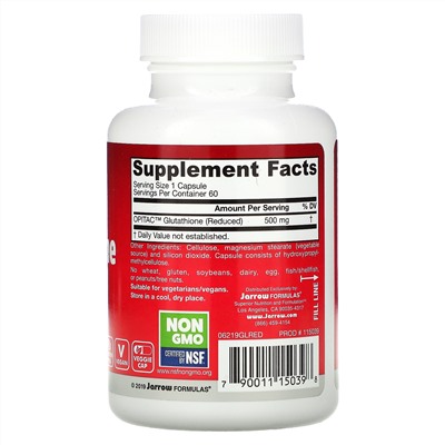 Jarrow Formulas, глутатион восстановленный, 500 мг, 60 вегетарианских капсул