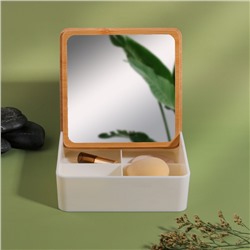 Органайзер для хранения Bamboo, шкатулка для украшений с зеркалом, 4 секции, 15×15×5 см, белый, коричневый