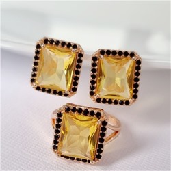 Комплект ювелирной бижутерии коллекция "Дубай" серьги и кольцо 17 р, покрытие позолота, вставка: фианиты, цвет: желтый и черный, арт.215.361-17
