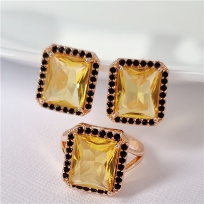 Комплект ювелирной бижутерии коллекция "Дубай" серьги и кольцо 17 р, покрытие позолота, вставка: фианиты, цвет: желтый и черный, арт.215.361-17