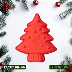 Форма для выпечки новогодняя Доляна «Ёлочка с гирляндой», силикон, 18×14.5×3.5 см, красная
