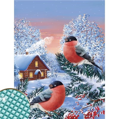 Алмазная мозаика на новый год с полным заполнением на холсте «Снегири на ветке», 30×40 см, набор для творчества.