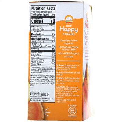 Happy Family Organics, "Обожаю свои овощи" из серии "Счастливый карапуз", органическая фруктово-овощная смесь c морковью, бананом, манго и бататом, 4 пакета по 4,22 унции (120 г)