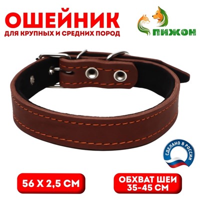Ошейник кожаный на синтепоне, 56×2.5 см, ОШ 35-45 см, коричневый