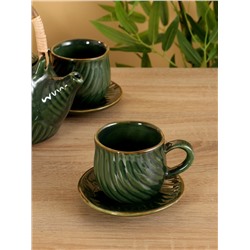 Набор чайный «Флора 2», чайник, 2 кружки, 27×26×16 см, керамика, зелёный