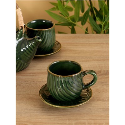 Набор чайный «Флора 2», чайник, 2 кружки, 27×26×16 см, керамика, зелёный