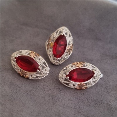 Комплект ювелирной бижутерии коллекция "Дубай",серьги и кольцо покрытие серебрение, вставка: камень красный, р-р 19, 09809, арт.216.375-19