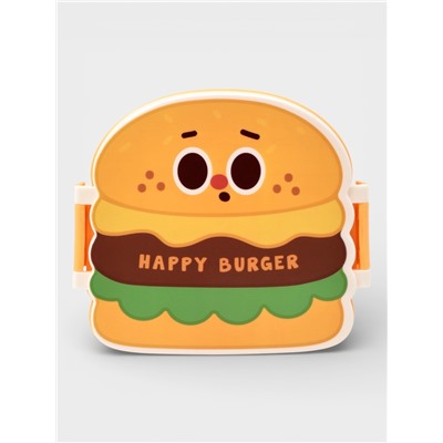 Ланч - бокс, контейнер для еды Доляна «Счастливый бургер», 3 ячейки, с ложкой и вилкой, 17.5×15.5×8 см, пластик, жёлтый