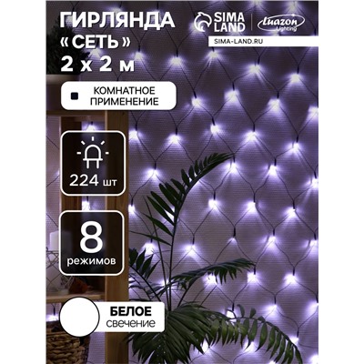 Гирлянда «Сеть» 2×2 м, IP20, тёмная нить, 224 LED, 8 режимов, 220 В, свечение белое