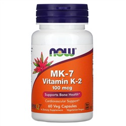 Now Foods, MK-7, витамин K2, 100 мкг, 60 растительных капсул