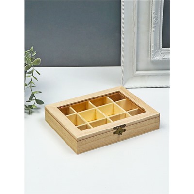 Шкатулка для росписи дерево «Прямоугольная со стеклянной вставкой», для творчества, декора, 12 отделений, 3.5×19×15 см