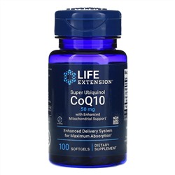 Life Extension, Super Ubiquinol CoQ10 с улучшенной поддержкой митохондрий, 50 мг, 100 гелевых капсул