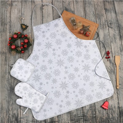Кухонный набор «Доляна. Снежинки»: серебро, прихватка 17×17 см, варежка 26×16 см, фартук 70×80 см, 100% п/э