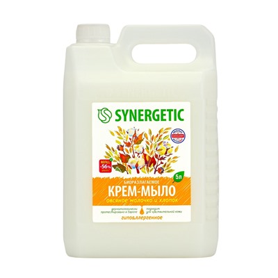 Крем-мыло жидкое SYNERGETIC «Овсяное молочко и хлопок», биоразлагаемое, для мытья рук и тела, 5 л