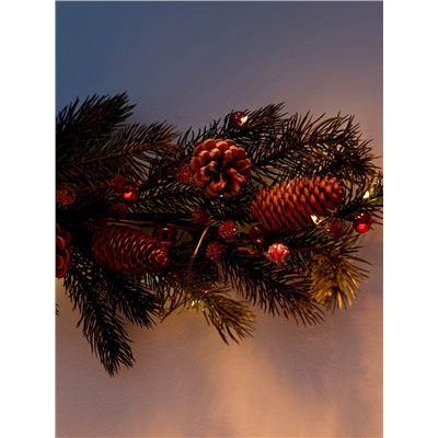 Декор настенный «Еловая ветвь с шишками», 70×27 см, 30 LED, от батареек CR2032×2, свечение тёплое белое