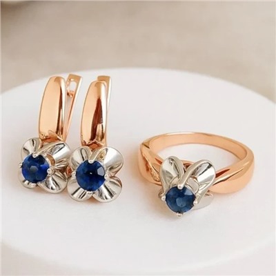 Комплект ювелирной бижутерии коллекция "Дубай" серьги и кольцо 19 р, покрытие позолота, вставка: фианиты, цвет: синий, арт.213.939-19