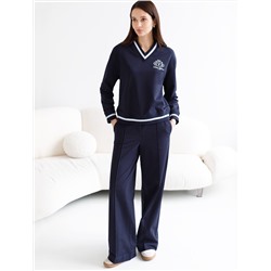 Свитшот среднего объема с V вырезом и принтом из футера двухнитки с эластаном