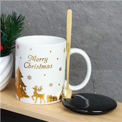 Кружка новогодняя с крышкой, ложка /300 мл/ HB-075 /уп 60/