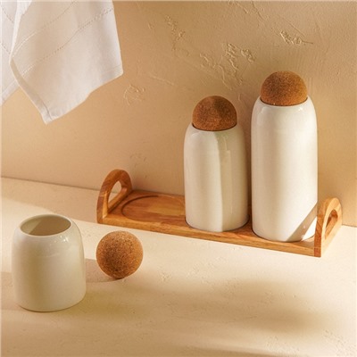 Банки для сыпучих SL Home «Тренто», 450/700/900 мл, набор 3 шт., на деревянной подставке, фарфор, белые