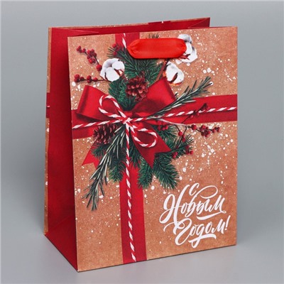 Пакет подарочный новогодний крафтовый «К тебе с подарком», MS 18×23×10 см