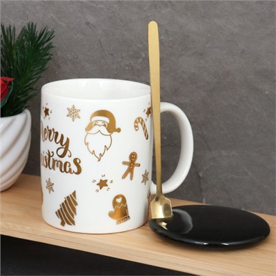 Кружка новогодняя с крышкой, ложка /300 мл/ HB-074 /уп 60/