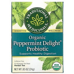 Traditional Medicinals, пробиотик и органическая перечная мята, без кофеина, 16 чайных пакетиков, 24 г (0,85 унции)