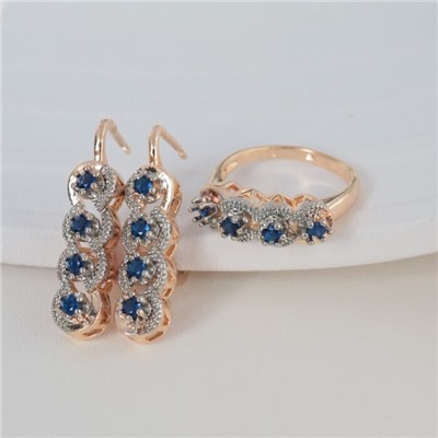Комплект ювелирной бижутерии коллекция "Дубай" серьги и кольцо 17 р, покрытие позолота, вставка: фианиты, цвет: синий, арт.213.976-17