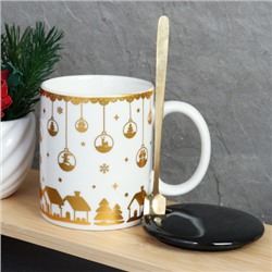 Кружка новогодняя с крышкой, ложка /300 мл/ HB-075 /уп 60/