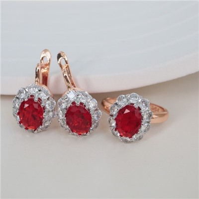 Комплект ювелирной бижутерии коллекция "Дубай" серьги и кольцо 17 р, покрытие позолота, вставка: фианиты, цвет: прозрачный и красный, арт.213.966-17