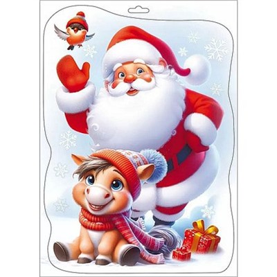 Наклейка на окно 33х23 см "Дед Мороз и Пони" 1501-7240 Веселая Затея