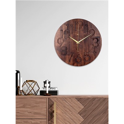 Часы настенные, интерьерные, бесшумные, плавный ход, d=35 см, дерево, коричневые