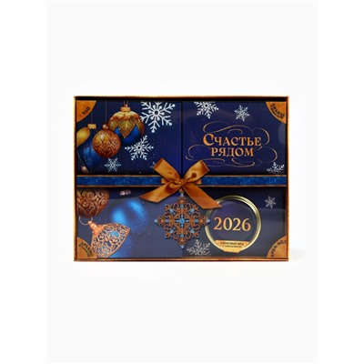 Подарочный набор новогодний «Счастье рядом»: чай чёрный, арахис в шоколаде, ананас в шоколаде, крем-мёд