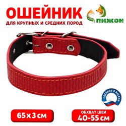Ошейник кожаный с тиснением на синтепоне, 65×3 см, ОШ 40-55 см, красный