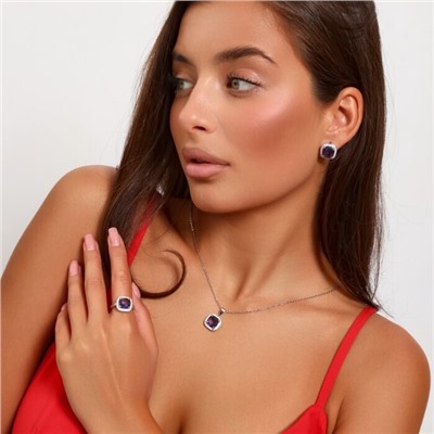 Комплект ювелирная бижутерия серьги, кулон и кольцо 18 р, покрытие: посеребрение, вставка: фианит, цвет: фиолетовый и прозрачный, арт.313.106-18