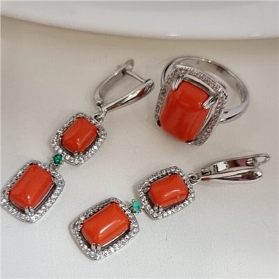 Комплект ювелирной бижутерии серьги и кольцо 20 р, покрытие посеребрение, вставка: фианиты и искусственный камень, цвет: оранжевый и прозрачный, арт.313.155-20