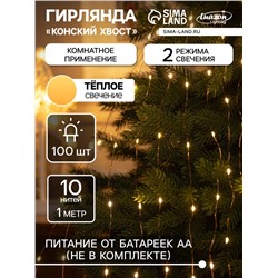 Гирлянда «Конский хвост» 10 нитей по 1 м, IP20, медная нить, 100 LED, 2 режима, батарейки AAх3 (нет в комплекте), свечение тёплое белое