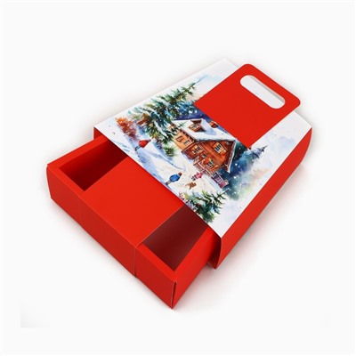 Коробка подарочная новогодняя складная с ручками «Домик в лесу» 23×8×32 см