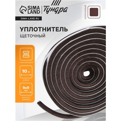 Уплотнитель щеточный самоклеящийся ТУНДРА, 9×9 мм, коричневый, 10 м