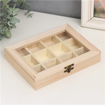 Шкатулка для росписи дерево «Прямоугольная со стеклянной вставкой», для творчества, декора, 12 отделений, 3.5×19×15 см