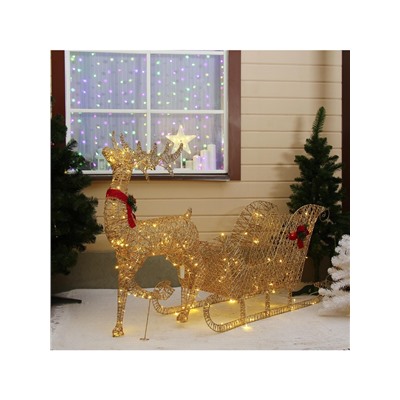 Светодиодная фигура «Олень с санями золотистый», олень: 65×130×27 см, сани: 120×70×45 см, металл, 220 В, свечение тёплое белое