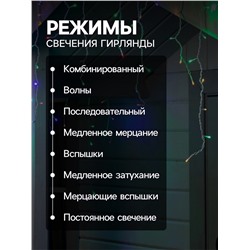 Гирлянда «Бахрома» 4×0.6 м, IP44, белая нить, 180 LED, свечение мульти, 8 режимов, 220 В