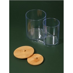 Органайзер для ватных палочек и дисков BAMBOO, с крышкой, 15.5×8.5×12 см, прозрачный, коричневый