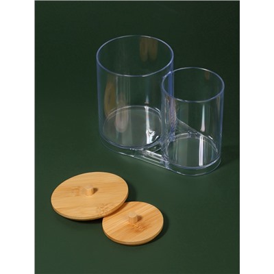 Органайзер для ватных палочек и дисков BAMBOO, с крышкой, 15.5×8.5×12 см, прозрачный, коричневый