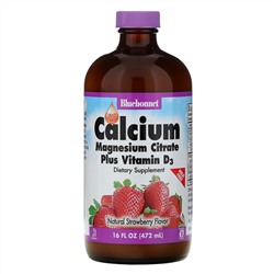 Bluebonnet Nutrition, Жидкий кальций, цитрат магния и витамин D3, с натуральным клубничным ароматизатором, 16 жидких унций (472 мл)
