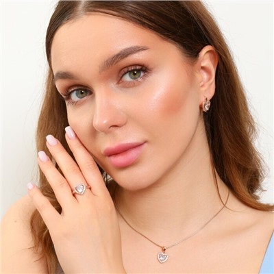 Комплект в форме сердца ювелирная бижутерия коллекция  "Дубай" серьги и кольцо 18 р, покрытие: позолота, вставка: фианиты, цвет: прозрачный, арт.213.769-18