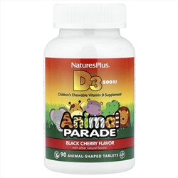 NaturesPlus, Animal Parade®, витамин D3, со вкусом черешни, 12,5 мкг (500 МЕ), 90 таблеток в форме животных