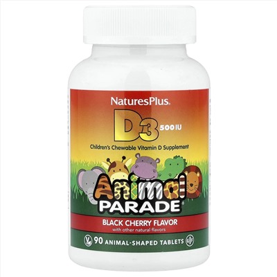 NaturesPlus, Animal Parade®, витамин D3, со вкусом черешни, 12,5 мкг (500 МЕ), 90 таблеток в форме животных