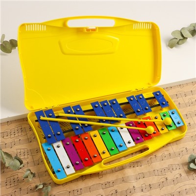 Металлофон музыкальный инструмент Music Life, 25 тонов, футляр, 2 палочки, желтый
