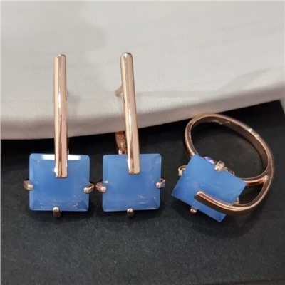 Комплект ювелирной бижутерии коллекция "Дубай" серьги и кольцо 17 р, покрытие позолота, вставка: стекло, цвет: голубой, арт.414.168-17